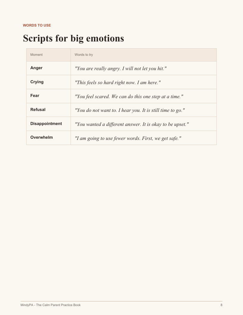 A page of calm scripts from the practice book